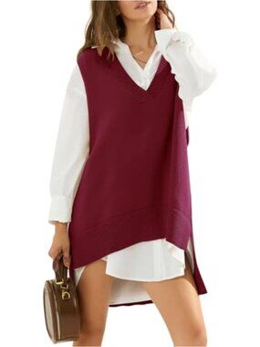 Oversized Knit V-Neck Sleeveless Sweater Vest Long Tunic Pullover